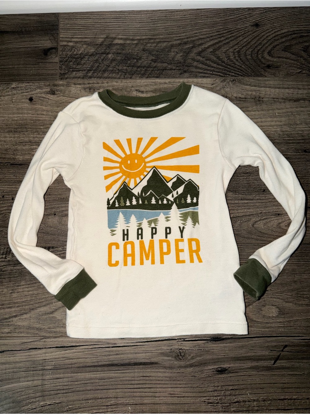 wonder nation White Long Sleeve 'Happy Camper' Tee with Olive Trim